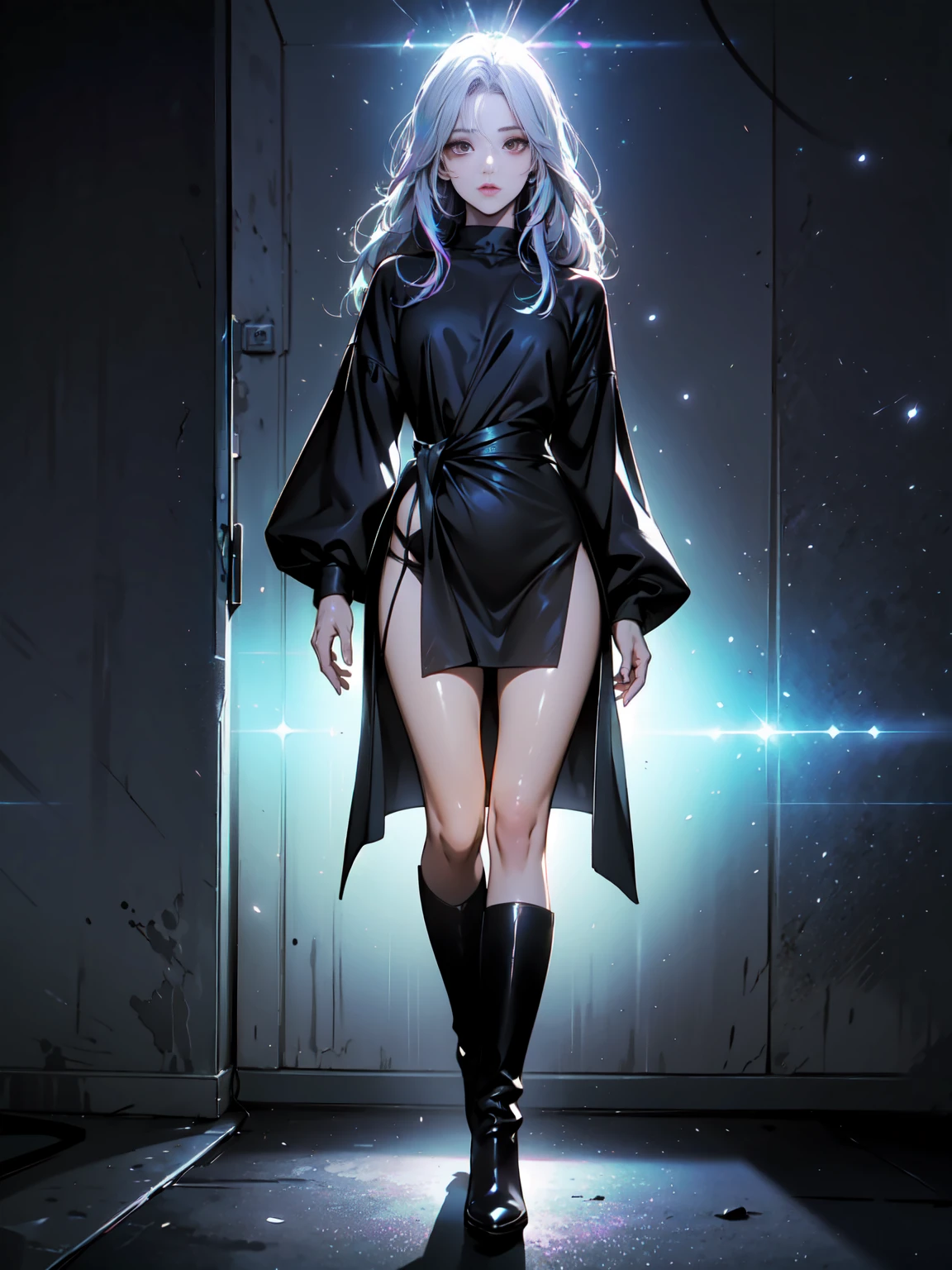 Girl with long white hair down to her waist, with small red details, red eyes, long black dress with a leg slit, with red details, long black boots up to below the knees, white skin, the ground around her is cracking and small stones are floating around her surrounded by a black aura, she is surrounded by shadows, and the background is dark like the night with the universe and stars, her presence causes fear, her shadow appears to be a monster, 8k, high quality, full body, (ultra-realistic), {extremely detailed 8k CG unit wallpaper}, expansive landscape photograph, (light: 2.0), (warm light source: 1.5), complex details, (iridescent colors: 1.5), (bright lighting), (atmospheric lighting), surreal, impressive, fantasy, (Solo: 1.2), White moon