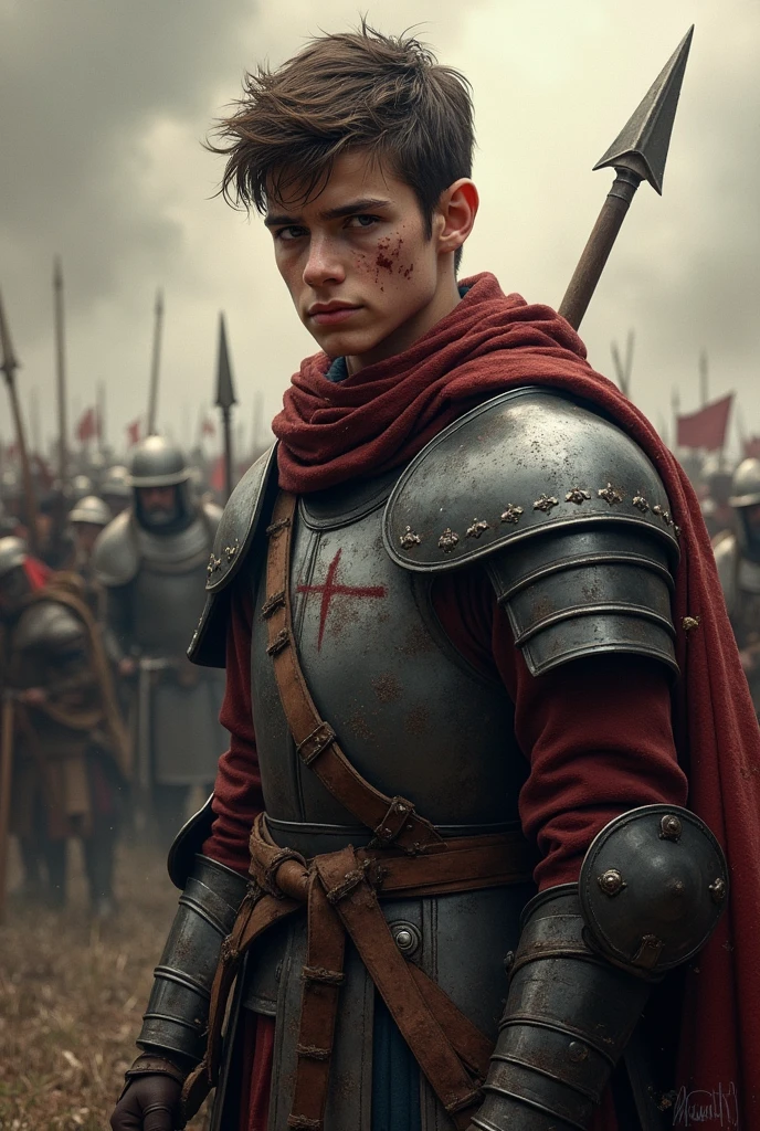 Create a young, scarred medieval soldier, ready to fight against a tyrannical government on the battlefield.