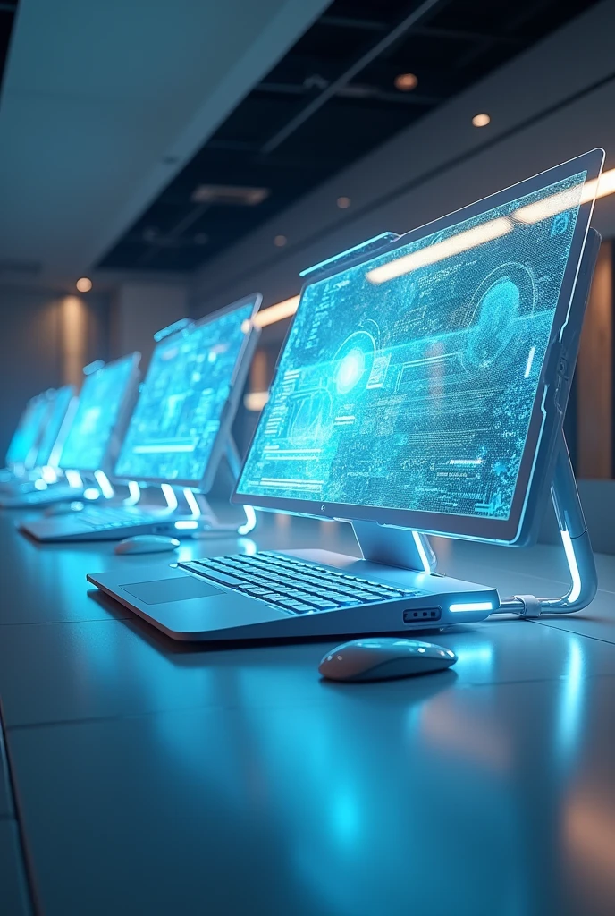 Futuristic computers with floating screen 