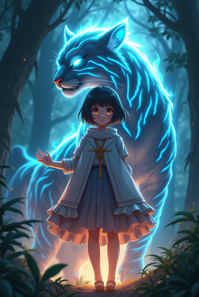 My hero academia, anime girl,cute female with , short black hair and brown eyes,glittering, jungle, dark, siting , cool pose, beautiful magical creature like jaguar, glowing, blue stripe, firecy, both look gorgeous and firecy, forest, beautiful anime style, illustration, uhd in the style, hyperrealistic realistic,