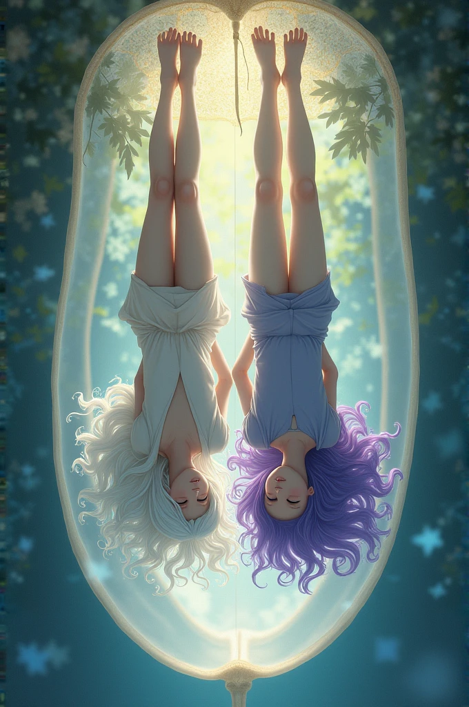 A girl with long white hair and a girl with long purple hair inside a butterfly cocoon,She'll be upside down