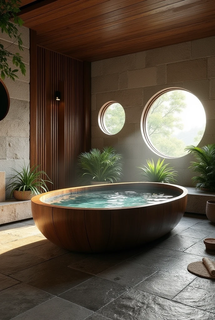 The image shows a luxurious spa-like room with a large wooden bathtub in the center. The bathtub is made of a dark wood and has a curved edge. It is filled with crystal clear water and is surrounded by a stone floor. On the left side of the bathtub, there is a stone wall with a round mirror hanging above it. The walls are made of wooden panels and there are two round windows on the right side, allowing natural light to enter the room. The room is decorated with plants and other greenery, creating a natural and rustic atmosphere. The overall ambiance of the room is warm and inviting.