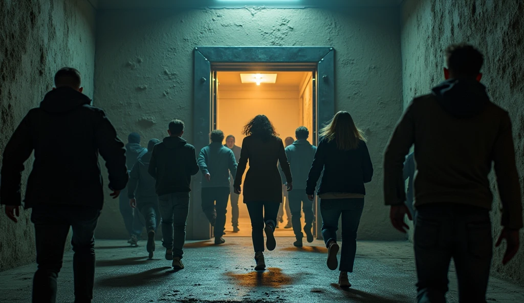 image of people running into an underground clean bunker outside the big mansion with a heavy metal door
