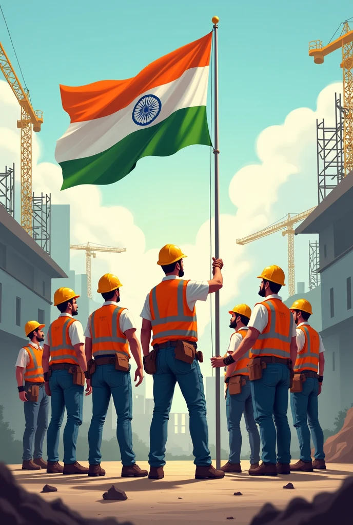 Construction labourers celebrating flag hosting ceremony vertical on the event of indian Independence Day 15 August illustrations face is not clear 

Happy Independence’s Day and 15 August  written  bold 