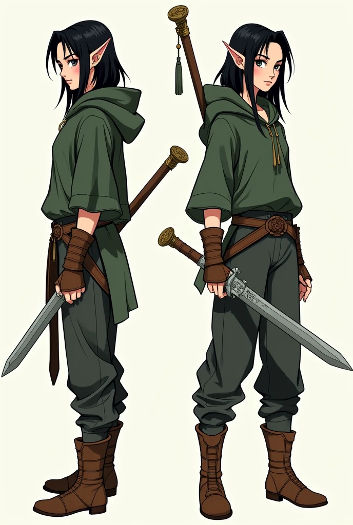 (character sheet),solo, highlighted black hair, baggy pants ,line art , dark green robe, hoodie,3 different angles, highly detailed body parts, elf ears, staff ,brown boots, tall thin female warrior, muscular