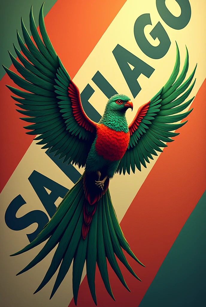 (photorealism: 1.2), Guatemalan quetzal flying with a typical diagonal stripe background, with letters SANTIAGO