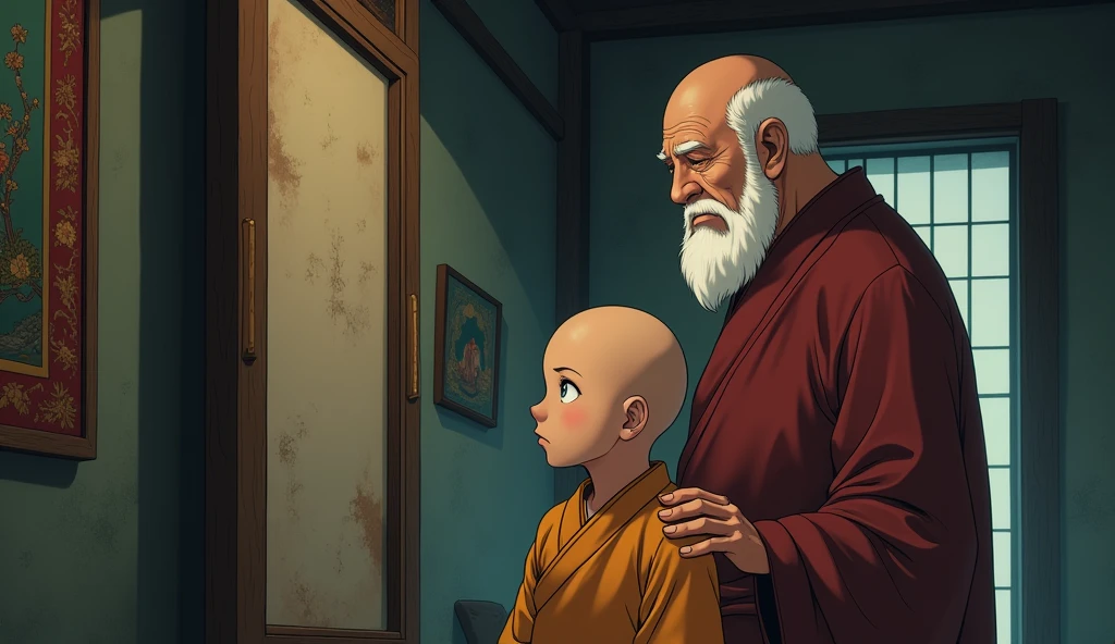 Young monk student looking at dirty mirror, old fat monk master with him, in a room, in anime style