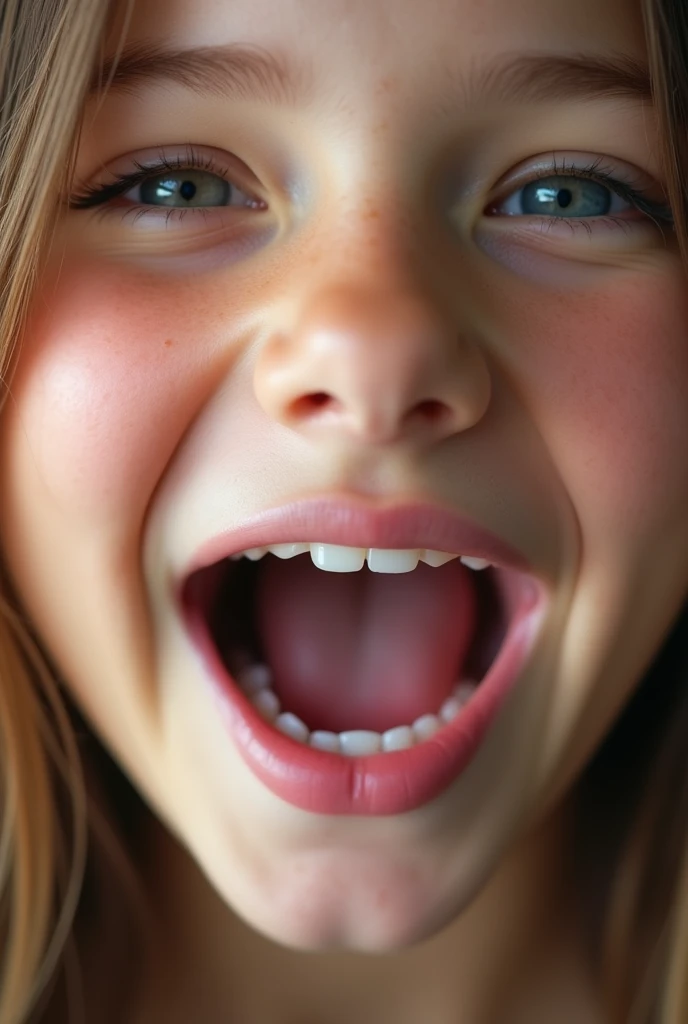 closeup of a female teen’s face, mouth very wide open and smiling, eyes open, long hair, mouth full of milk, extreme skin detail, photorealistic, 8k, wallpaper, viewed from above