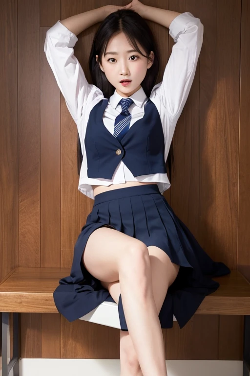 One person, spreading one's legs open wide with knees bent , showing her underpants,To act embarrassed,uniform,Wear a skirt, 
