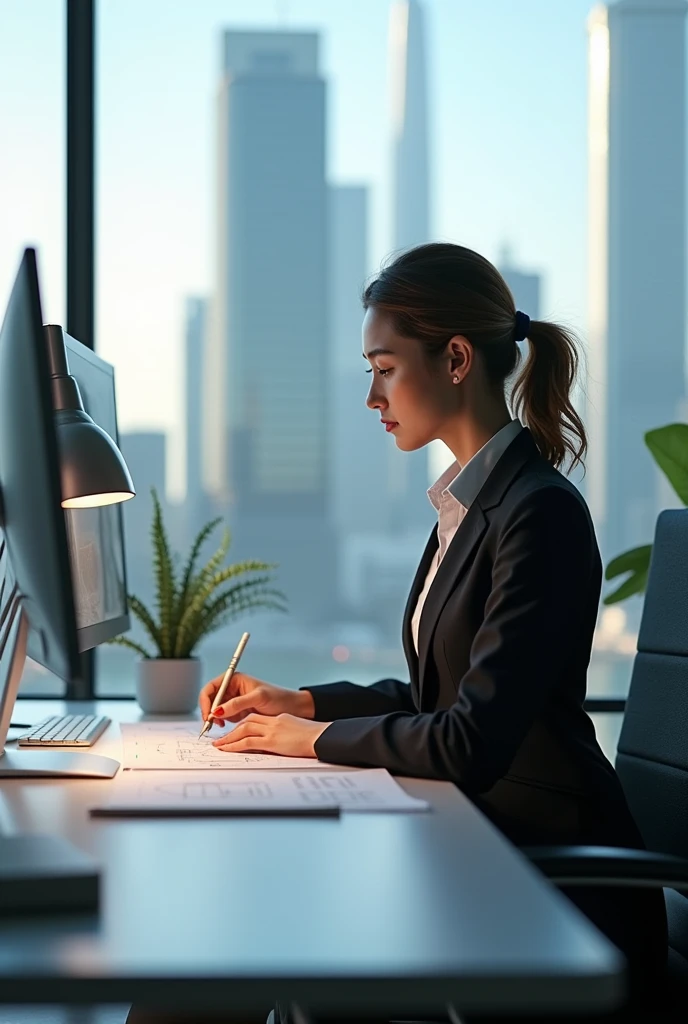 (photorealism:1.2), Images with a background of buildings and an image of a female worker in a business drawing.