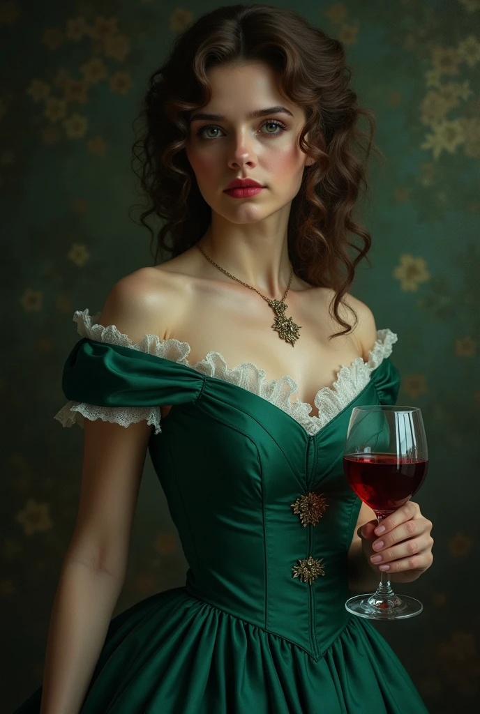 A Victorian woman, a lady, human. She has brown hair and it's curly but without much volume. She wears a jade green colored dress out of the 1721, a bit English touched. It's for my vampire novel so it should have a dark touch.
Right now, she should be having a blood red wine in her hand.
Maybe she doesn't face into the camera
She's human, but the atmosphere is dark.