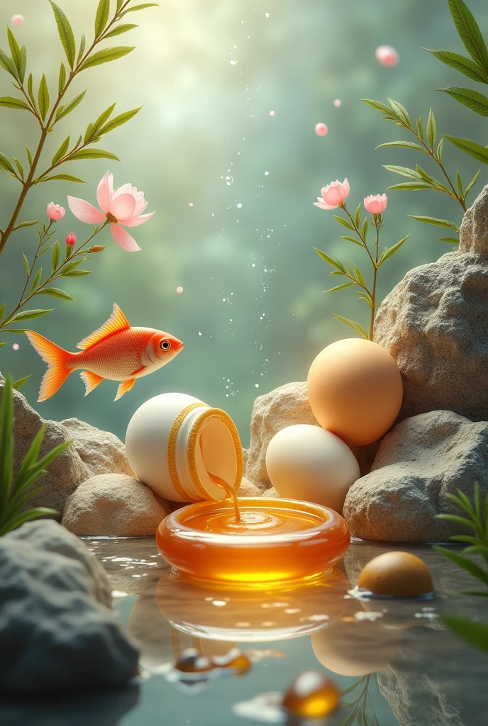 Create an image with eggs, honey and fish and with the veterinary medicine symbol