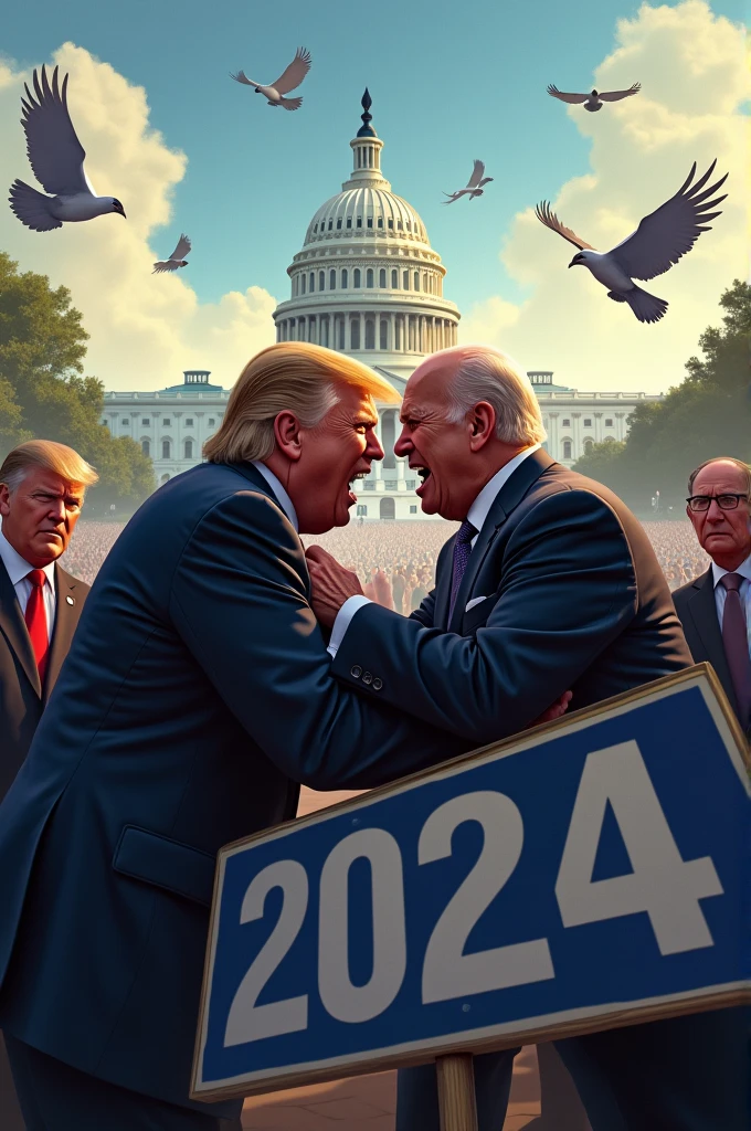 Trump is fighting with Biden. The Capitol Hill is in the background. There is a sign saying "2024". Photorealistic. Masterpiece.