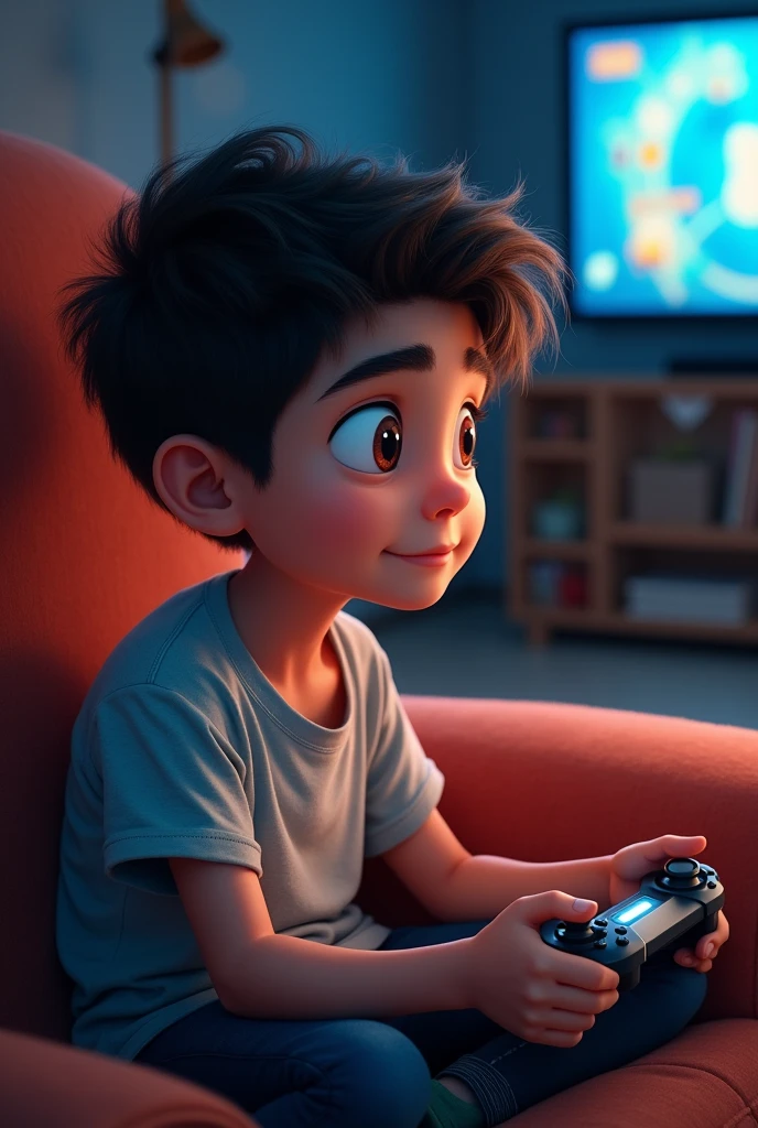 A boy wearing a t-shirt name shahzaib playing game 