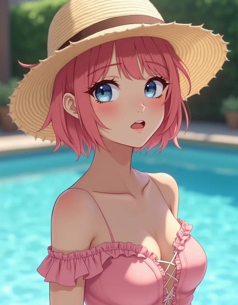 (1 girl),(Best Picture Quality, 8K, Masterpiece:1.3), (18year:1.5), ((pink lob hair:1.1)), (bob cut),(swept bangs), (cute eyes, pupil black, iris skyblue, youthful face), (mole under right eye), (standard weight), (small breasts), (glistening skin:1.1),(pale skin:1.2), (poolside), ((off shoulder lace up pink dress)),((straw hat)),(wet:1.1).