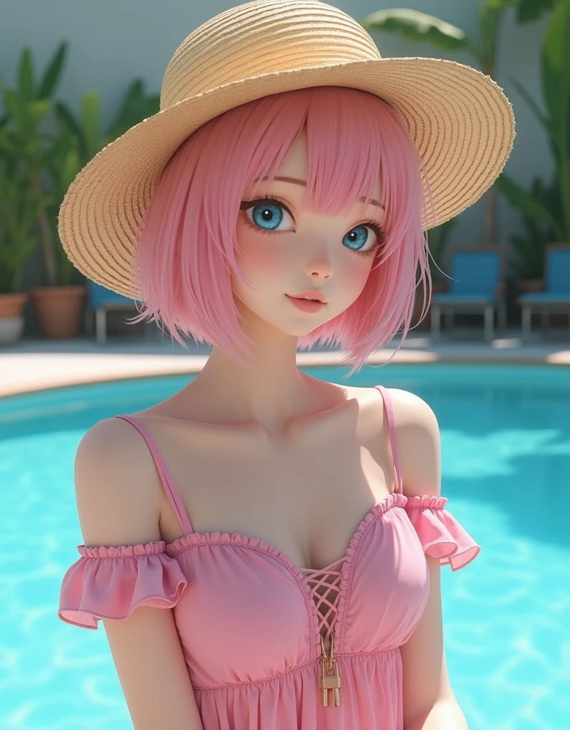 (1 girl),(Best Picture Quality, 8K, Masterpiece:1.3), (18year:1.5), ((pink lob hair:1.1)), (bob cut),(swept bangs), (cute eyes, pupil black, iris skyblue, youthful face), (mole under right eye), (standard weight), (small breasts), (glistening skin:1.1),(pale skin:1.2), (poolside), ((off shoulder lace up pink dress)),((straw hat)),(wet:1.1).