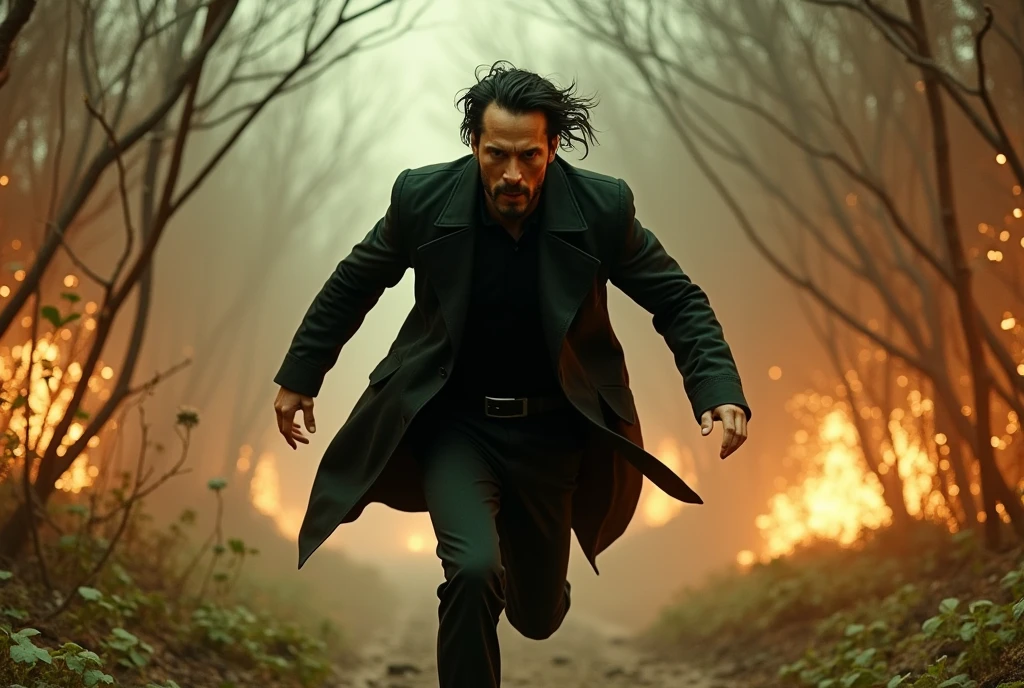  Cria uma cena do filme the matrix epic com personagem keanu reeves sendo Neo da matrix Rain F1/8, t1/10, hyper-detailed ultra-realistic photography, distorted perspective, close-up, zoom. scruffy obstinate actorSimilar Neo the matrix  with determined face jumps toward the camera running away from imminent danger in the back. shimmering metal particles. wilting futuristic flowers on the ground. Branches made of coal burn brightly. Lens-flares, raging wind, filmed by Zack Synder variant angles, traje rasgado preto sobretudo