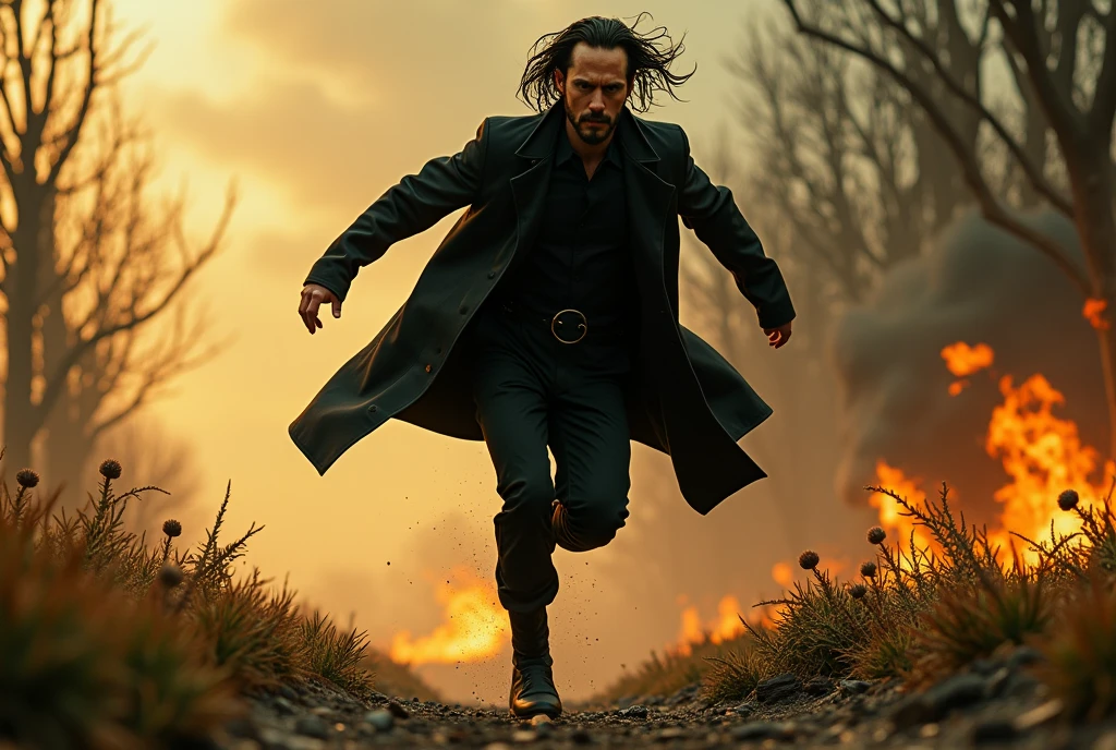 Cria uma cena do filme the matrix epic com personagem keanu reeves sendo Neo da matrix Rain F1/8, t1/10, hyper-detailed ultra-realistic photography, distorted perspective, close-up, zoom. scruffy obstinate actorSimilar Neo the matrix with determined face jumps toward the camera running away from imminent danger in the back. shimmering metal particles. wilting futuristic flowers on the ground. Branches made of coal burn brightly. Lens-flares, raging wind, filmed by Zack Synder variant angles, traje rasgado preto sobretudo
