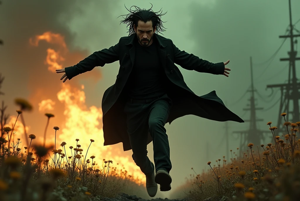  Cria uma cena do filme the matrix epic com personagem keanu reeves sendo Neo da matrix Rain F1/8, t1/10, hyper-detailed ultra-realistic photography, distorted perspective, close-up, zoom. scruffy obstinate actorSimilar Neo the matrix  with determined face jumps toward the camera running away from imminent danger in the back. shimmering metal particles. wilting futuristic flowers on the ground. Branches made of coal burn brightly. Lens-flares, raging wind, filmed by Zack Synder variant angles, traje rasgado preto sobretudo