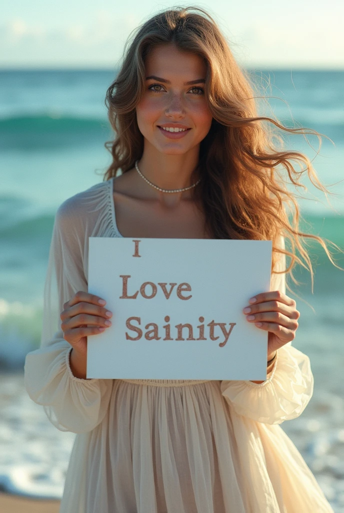 Beautiful girl with wavy long hair, bohemian dress, holding a white board with text "I Love Seaart Infinity" and showing it to the viewer