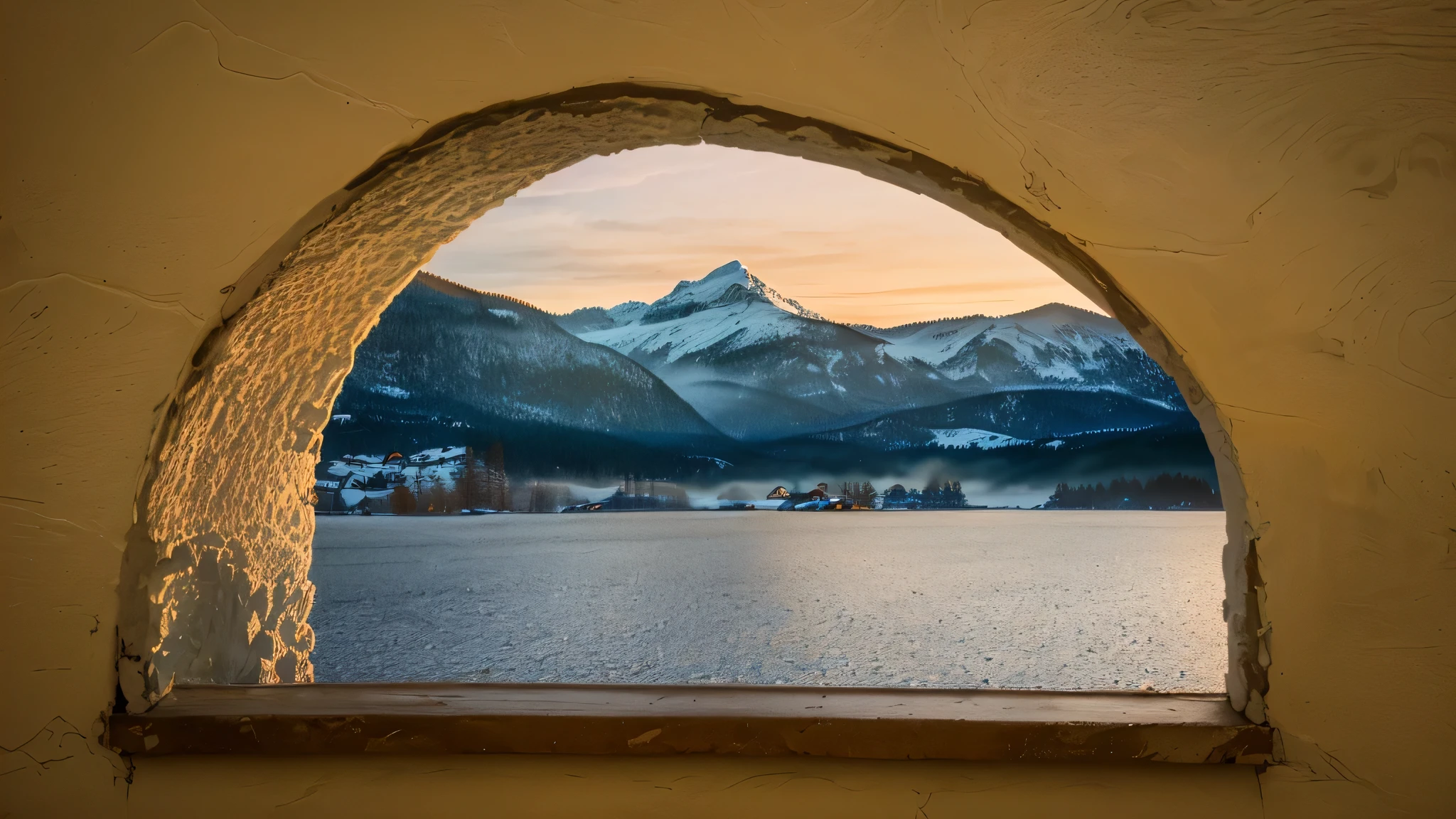 Mountains visible through building windows, A world that can only be seen through a portal, look ahead, looking through window frame, View through portal, author:Jacob Goldman, window open, frame-centered, by Sebastian Spren, author:Franz Hegy, Photos taken with Sony a7R camera, Detailed view