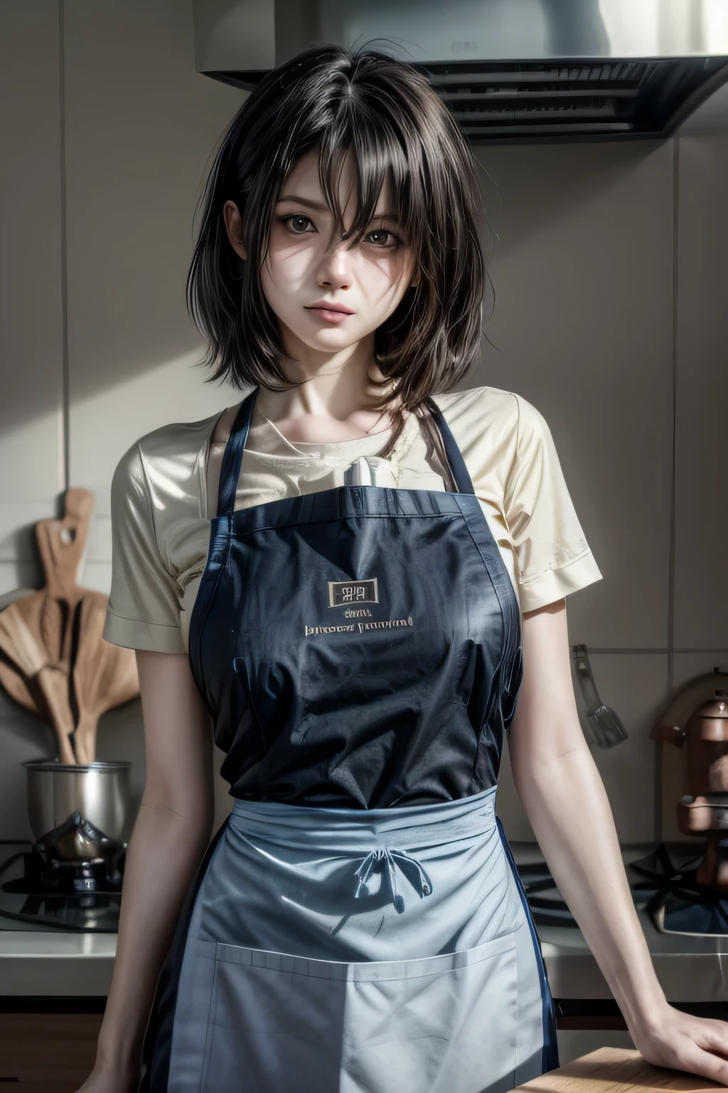 a woman is cooking, ((( Anne Hathaway: Selena Gomez:0.7))) , (((wearing _kitchen_apron:1.3))) ,very sexy, ((())) ((())) good hand,4k, high-res, masterpiece, best quality, head:1.3,((Hasselblad photography)), finely detailed skin, (Half are Spaniards，Half are Japanese mixed-race girls） sharp focus, (cinematic lighting), soft lighting, dynamic angle, [:(detailed face:1.2):0.2],(((inside kitchen)))
