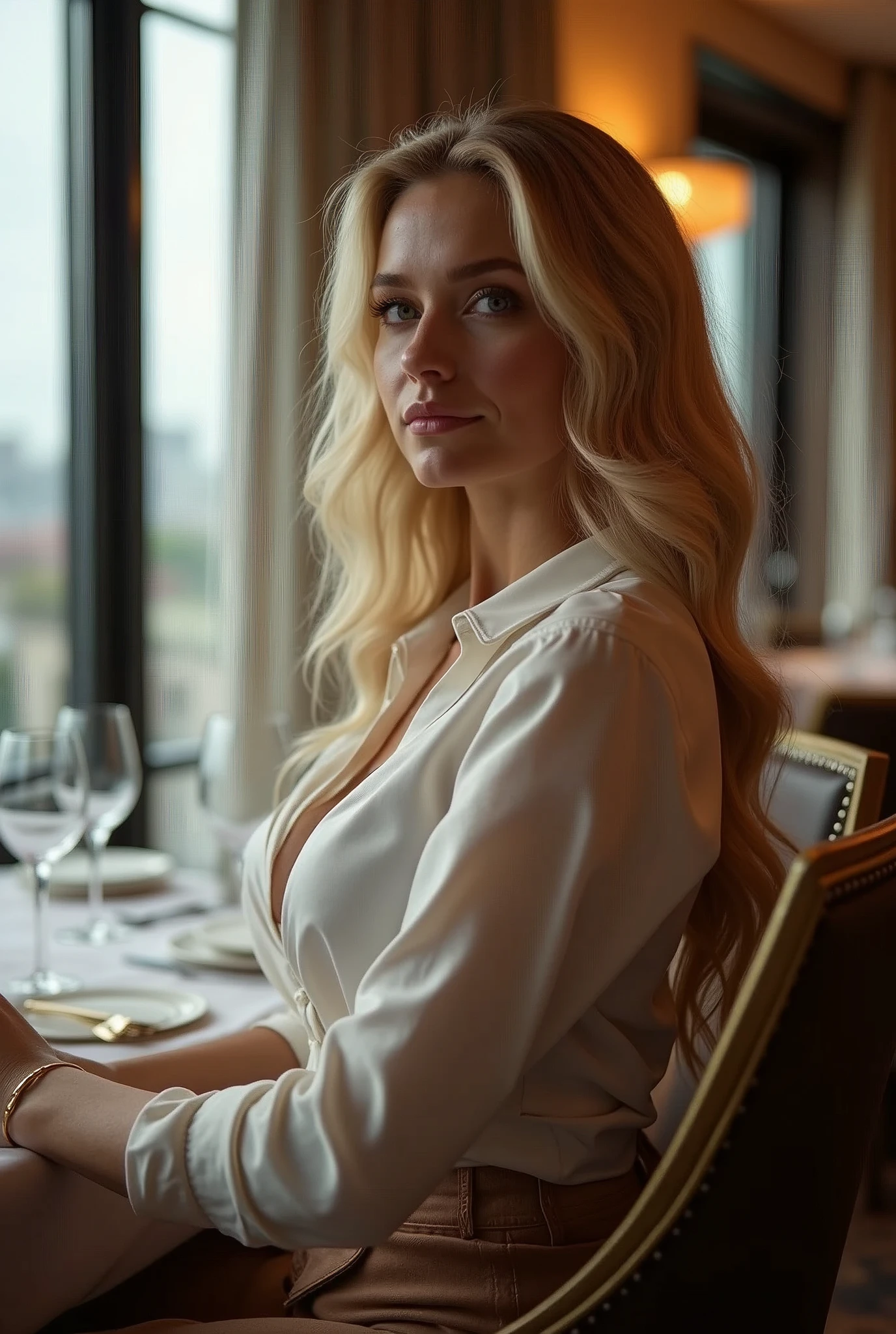 30 year old blonde MILF woman with (((huge breasts ))) photographed from the side, she is relaxed IN A 5 STAR RESTAURANT, LARGE BACKGROUND WINDOW NY, (she is not looking at the camera), Brown eyes, (long blond hair), realistic and detailed face, beautiful woman, detailed face, masterpiece, NSFW style, Beautiful ultra detailed and realistic 8k model, hourglass body, Wear SMART micro pants and a SMART shirt, sexy, photorealistic. Sony Alpha 77