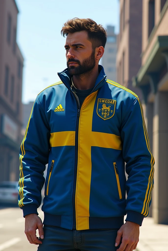 Make a jacket in GTA 5 with the Swedish national team theme, with a Nordic theme and blue and yellow details. 