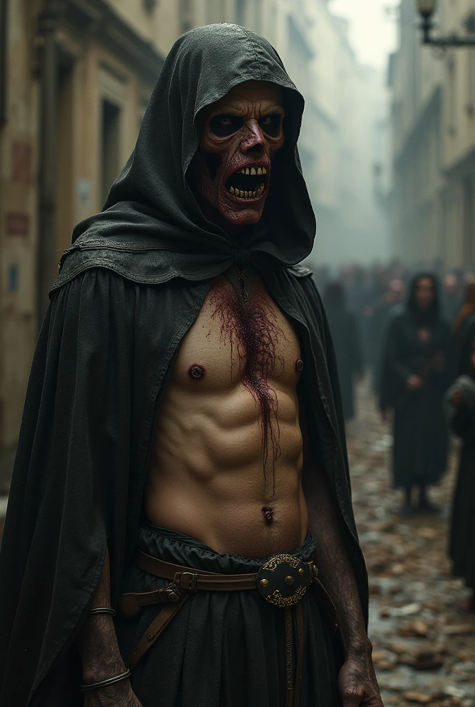 Give me several images about the Black Death, and give me another image where an infected person appears and has black armpits


