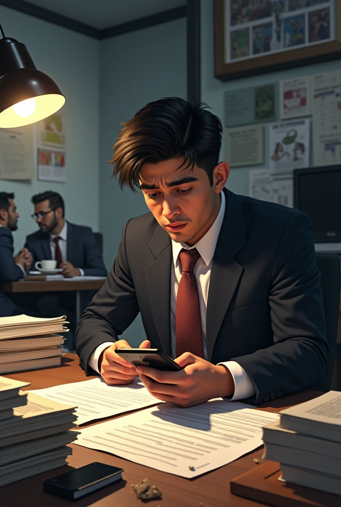 a Colombian law student with a lot of sleep in the office who gets distracted playing on his cell phone to avoid working, in the background their bosses eating bread with coffee