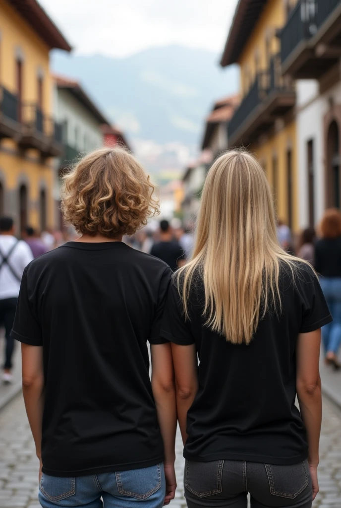 Young people with light hair wearing black t-shirts with their backs to the camera in Cuenca, Ecuador. Realistic photo.