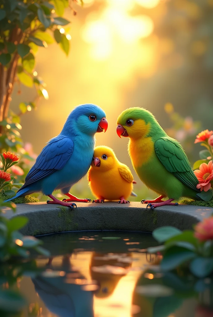 The birds (blue, yellow and green) sitting together in the garden at sunset, celebrating and enjoying their time together.