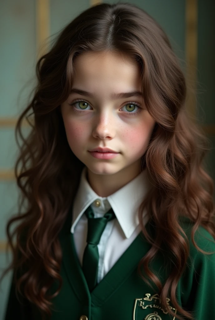 Very pretty girl with big brown hair and blue eyes in uniform (black and white with red tie)from school in a photo album photo from the 90S time
