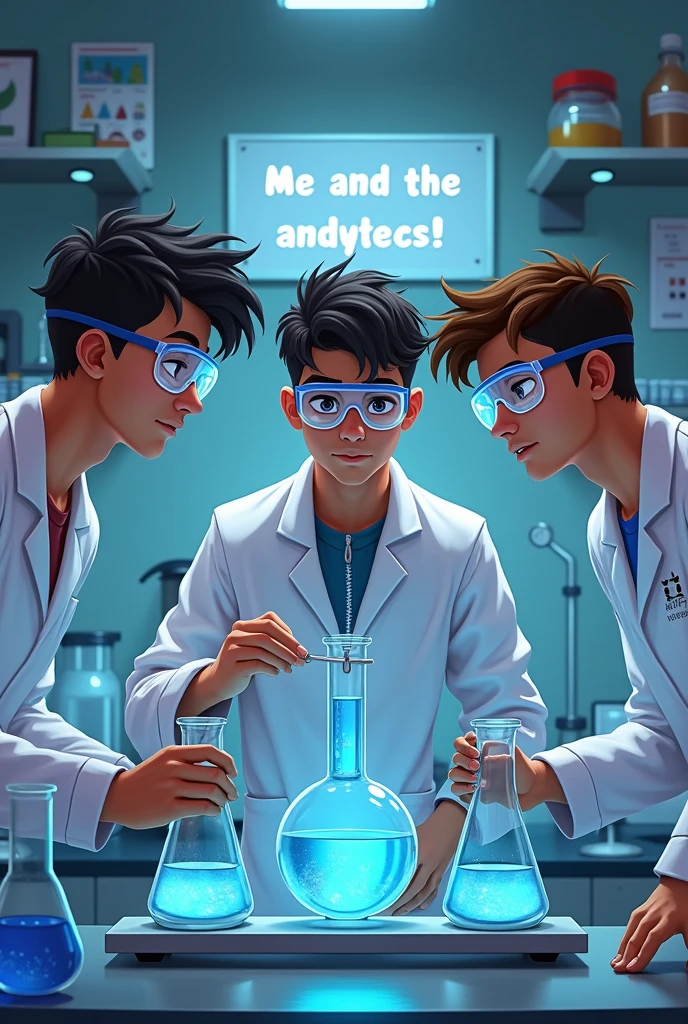 Create an image of 3 young men named Luis Mauro and Juanjo doing a potentiometric titration in the laboratory, Behind them there is a sign that has Spanish written on it "Me and the analytics"