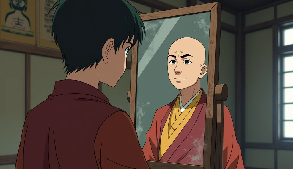 Young monk student looking at dirty mirror, old fat monk master with him, in a room, in anime style