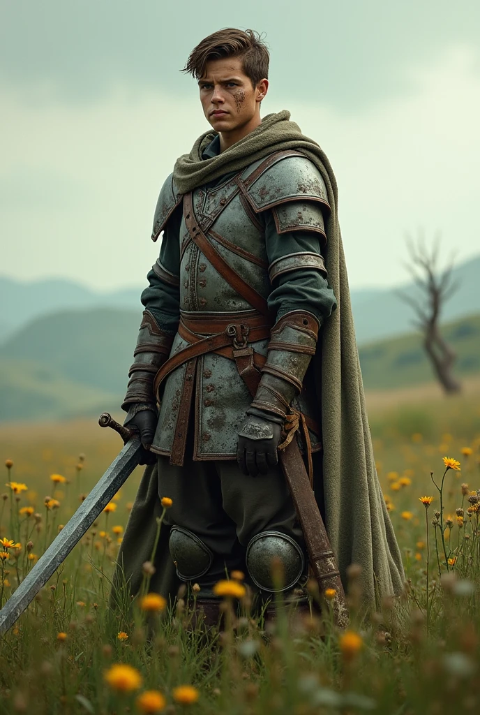 Create a young medieval soldier fighter with scars ready to fight with a tyrannical government in the grassy field alone