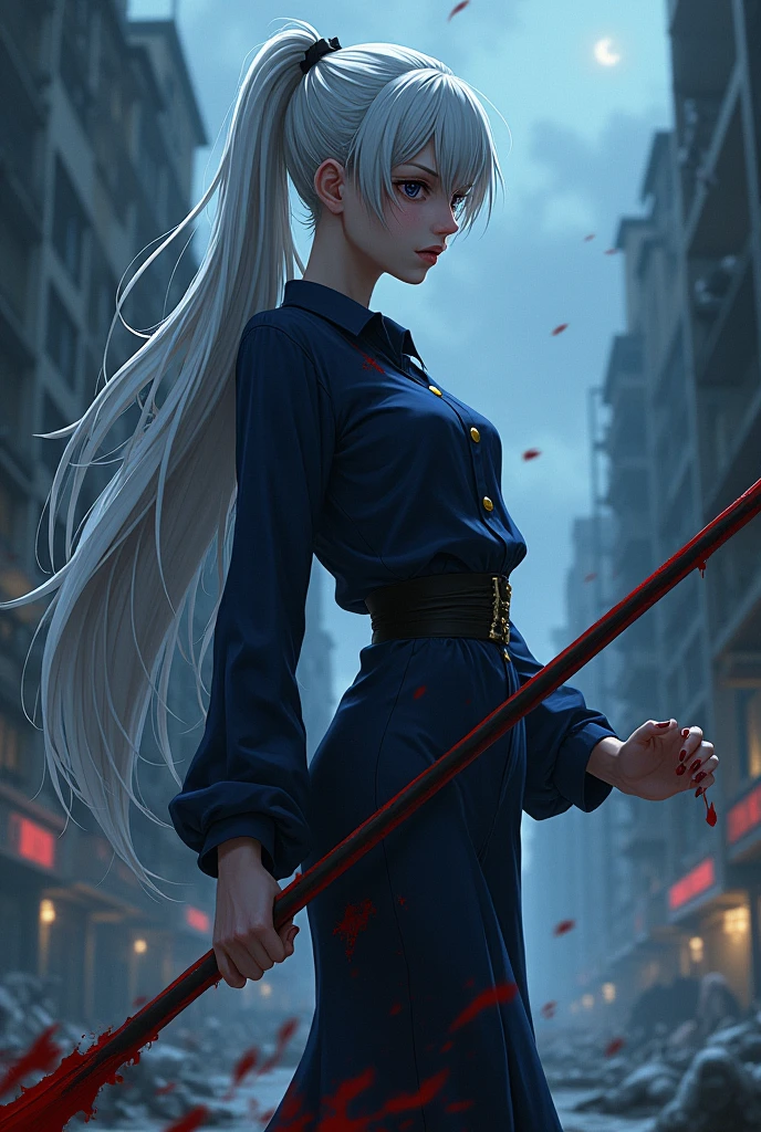 (anime, jujutsu kaisen:1.2), adult woman, wearing loose deep navy shirt, deep navy shirt with golden button, a deep navy fitted skirt, platinum hair, extremely long hair, black eyes, relaxed pose, holding a spear, image shot from her side, detailed face, blood splattered across her clothes, crying blood, monsters in background, broken city in background, cold colors, night sky.