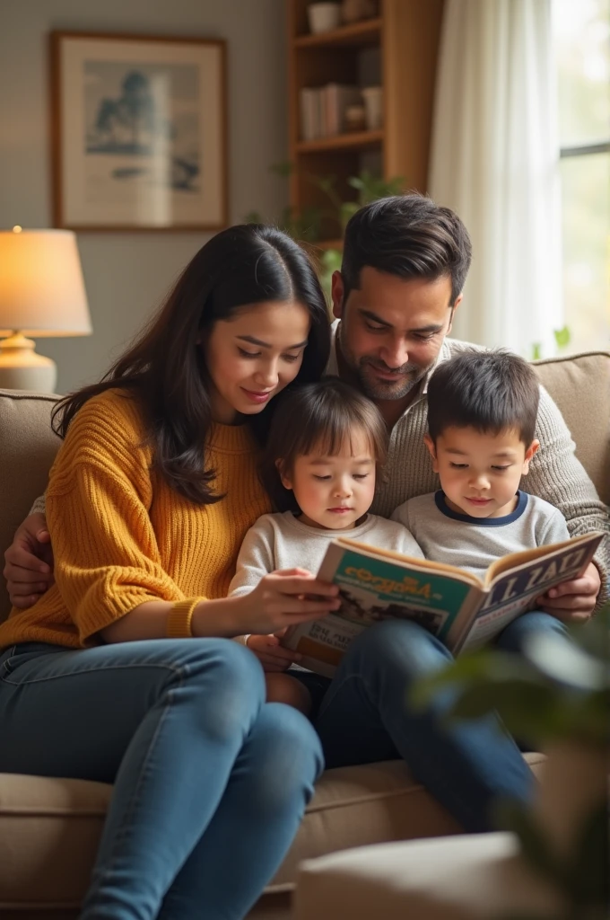 Make an amateur realistic photo of a family whom reading magazine