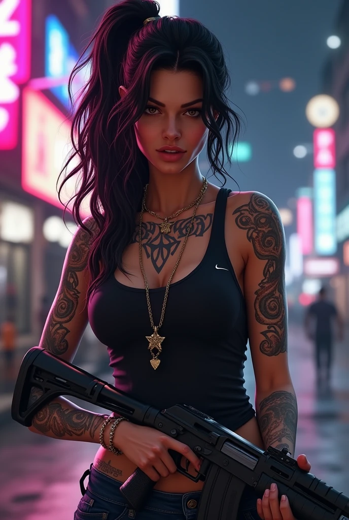 Create a female character holding an AK in GTA V style with a tattoo and a gangster style weapon. Wearing loose hip-hop clothing.