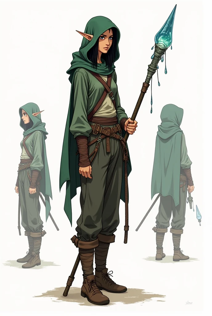 (character sheet),solo, highlighted black hair, baggy pants ,line art , dark green robe, hoodie,3 different angles, highly detailed body parts, elf ears, magic water staff ,brown boots, tall thin female warrior, muscular