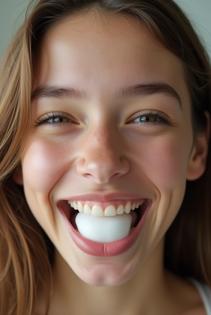 closeup of a female young adult face, mouth very wide open and smiling, eyes open, long hair, mouth full of milk, extreme skin detail, photorealistic, 8k, wallpaper, viewed from above