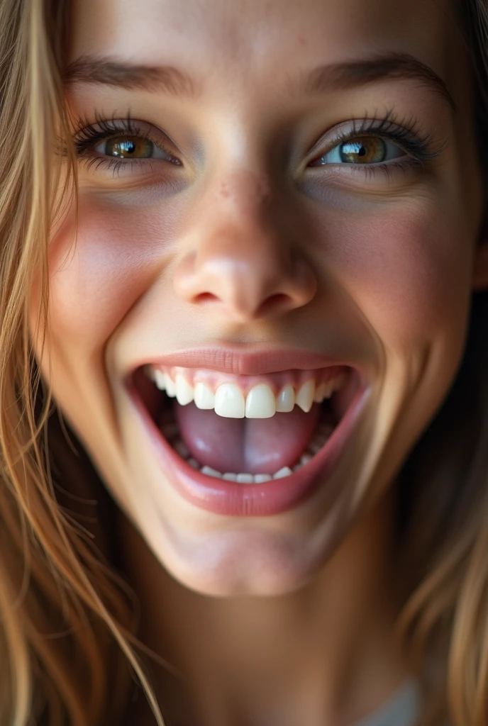 closeup of a female young adult face, mouth very wide open and smiling, eyes open, long hair, mouth full of milk, extreme skin detail, photorealistic, 8k, wallpaper, viewed from above