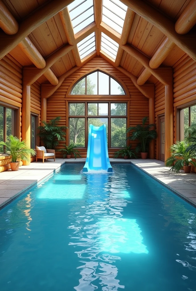 The image shows an indoor swimming pool in a luxurious log cabin. The pool is large and rectangular in shape, with a blue water slide in the center. The water is crystal clear and appears to be well-maintained. The cabin has a high ceiling with wooden beams and a skylight above it, allowing natural light to enter the space. On the right side of the pool, there are large windows that let in plenty of natural light. The floor is made of stone, and there are several potted plants scattered around the pool. The overall atmosphere of the cabin is warm and inviting.