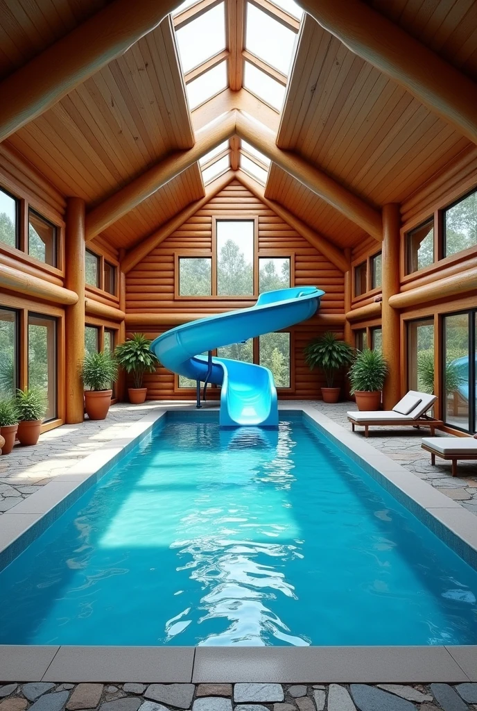 The image shows an indoor swimming pool in a luxurious log cabin. The pool is large and rectangular in shape, with a blue water slide in the center. The water is crystal clear and appears to be well-maintained. The cabin has a high ceiling with wooden beams and a skylight above it, allowing natural light to enter the space. On the right side of the pool, there are large windows that let in plenty of natural light. The floor is made of stone, and there are several potted plants scattered around the pool. The overall atmosphere of the cabin is warm and inviting.