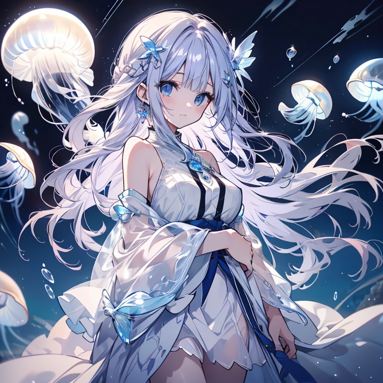 1 person、Mature、Ample breasts、Long Hair、Blue Eyes、Light purple hair、Alluring、White Dress、Shoulder Bare、See-through sleeves、Light、Transparent、Transparency、Fleeting、Delicate hair、Seashell Accessories、Jellyfish、Jellyfishと泳ぐ、In the sea、Fish shadow、Sunlight shines in、Shimmering bubbles、Natural light、Gentle light、Fantasy、たくさんのJellyfish、High resolution、Highest quality、