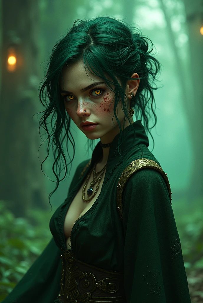 Female fantasy character
Sorcerer and druid
Dark green hair, yellow eyes, freckles, short and morbid and feral
