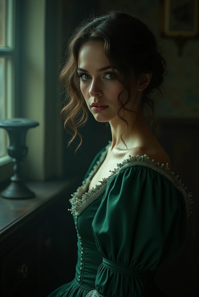 A Victorian woman, a lady, human. She has brown hair and it's curly but without much volume. She wears a jade green colored dress out of the 1721, a bit English touched. It's for my vampire novel so it should have a dark touch.
Right now, she doesn't face into the camera
She's human, but the atmosphere is dark.