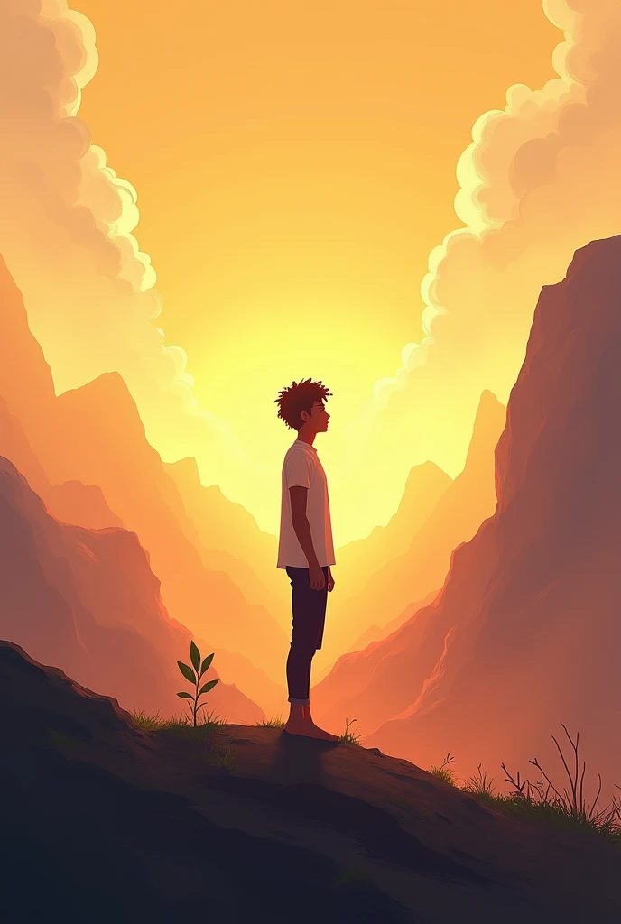 In the center of the image, there is a person standing, looking towards the horizon with a determined and determined expression. Behind her, a wide and open landscape is seen, with mountains in the distance, symbolizing the great goals and dreams.

However, At the person's feet, a small sprout or seed is seen that is beginning to grow. This represents the idea of starting small, to take the first steps towards those big and ambitious dreams.

The color palette should be warm and bright, with tones that inspire optimism and positivity. Perhaps a ray of sunlight illuminating the sprout could be included, highlighting the hope and potential of what it can become.

The overall composition should be balanced and harmonious, with the person and the sprout as the central elements, surrounded by the landscape that suggests the greatness of the goals to be achieved.