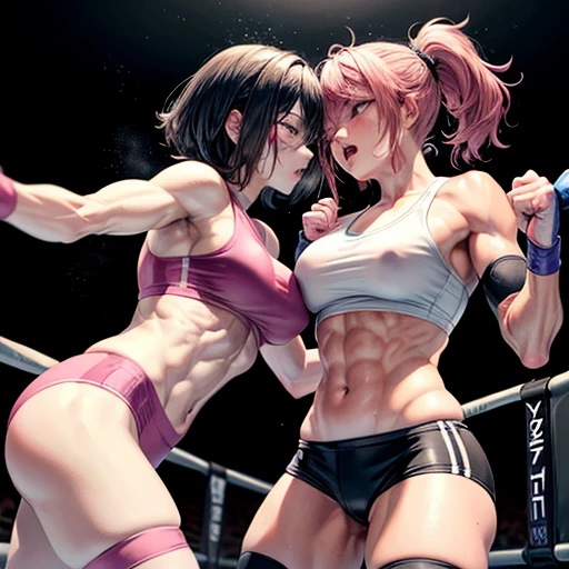 punch, punch, punch. two bloody beautiful Japanese female heavyweight fighters are looking at each eyes. life or death struggle. survival battle. dynamic exciting action in the octagon fighting ring. whole body picture. they are beating each other so hard. their punches to each other's faces. they are covered in scars and bruises. they are damaged terribry. Short-cut black hair, out of breath, drooling from mouth, one eye closed, exhausted, drenched in sweat. Erect nipples. open finger glove. Ragged white and pink sports bra, high leg panty, Stockings. armwarmers. Whittled waistline, Muscular, six pack abs, very thick arms and thighs, super huge tits.