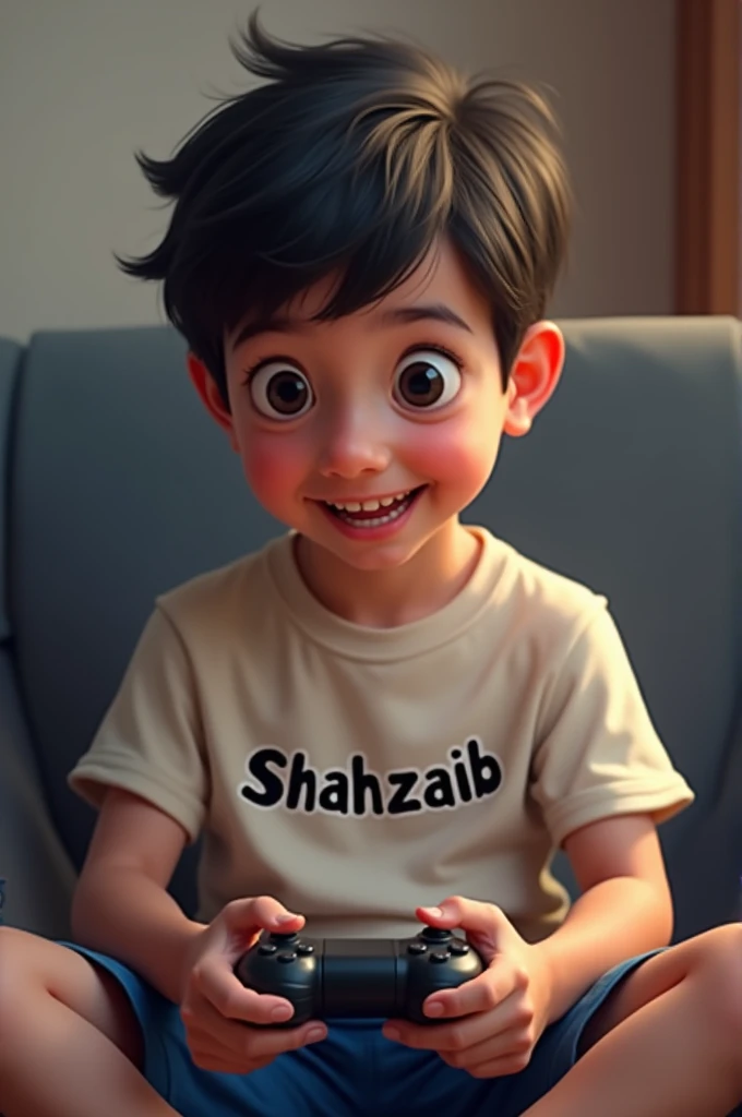 A boy wearing t-shirt and in t-shirt shahzaib name is writed and he is playing games